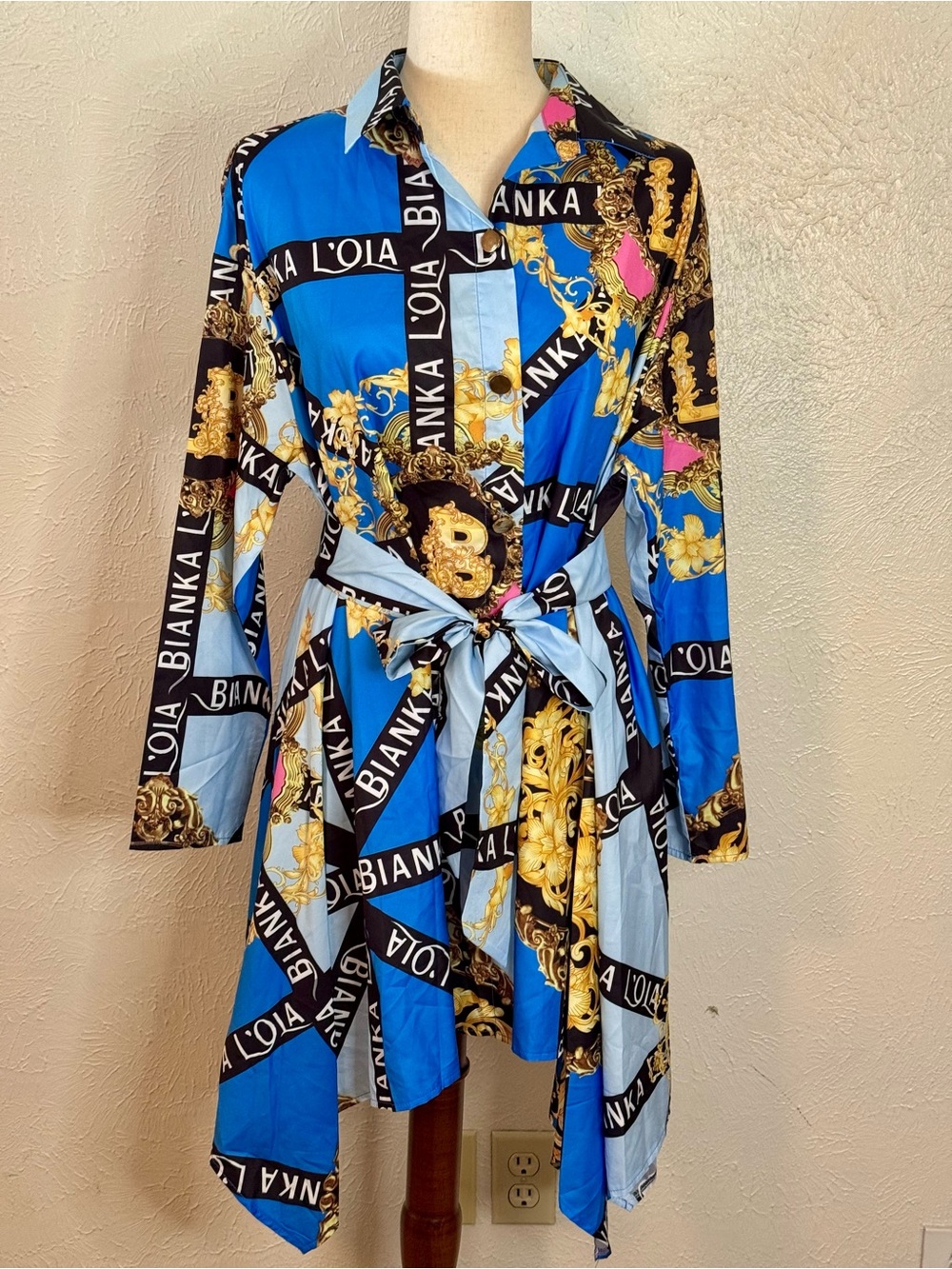 Chic Me Blue Baroque Shirt Dress with Tie Waist